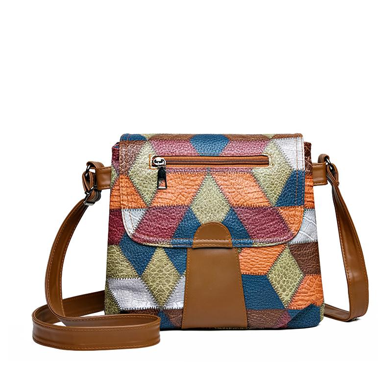 

Винтажная женская сумка среднего возраста с цветными блоками, трехслойная, большая вместимость, сумка через плечо коричневый