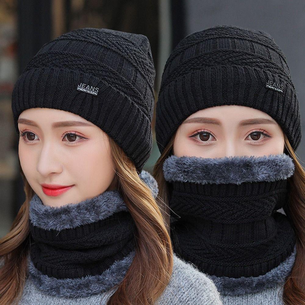 Winter Warm Hat Solid Color Hats Bib Windproof Knitted Hat Women Hat Hats Scarf Sets Beanie Cap