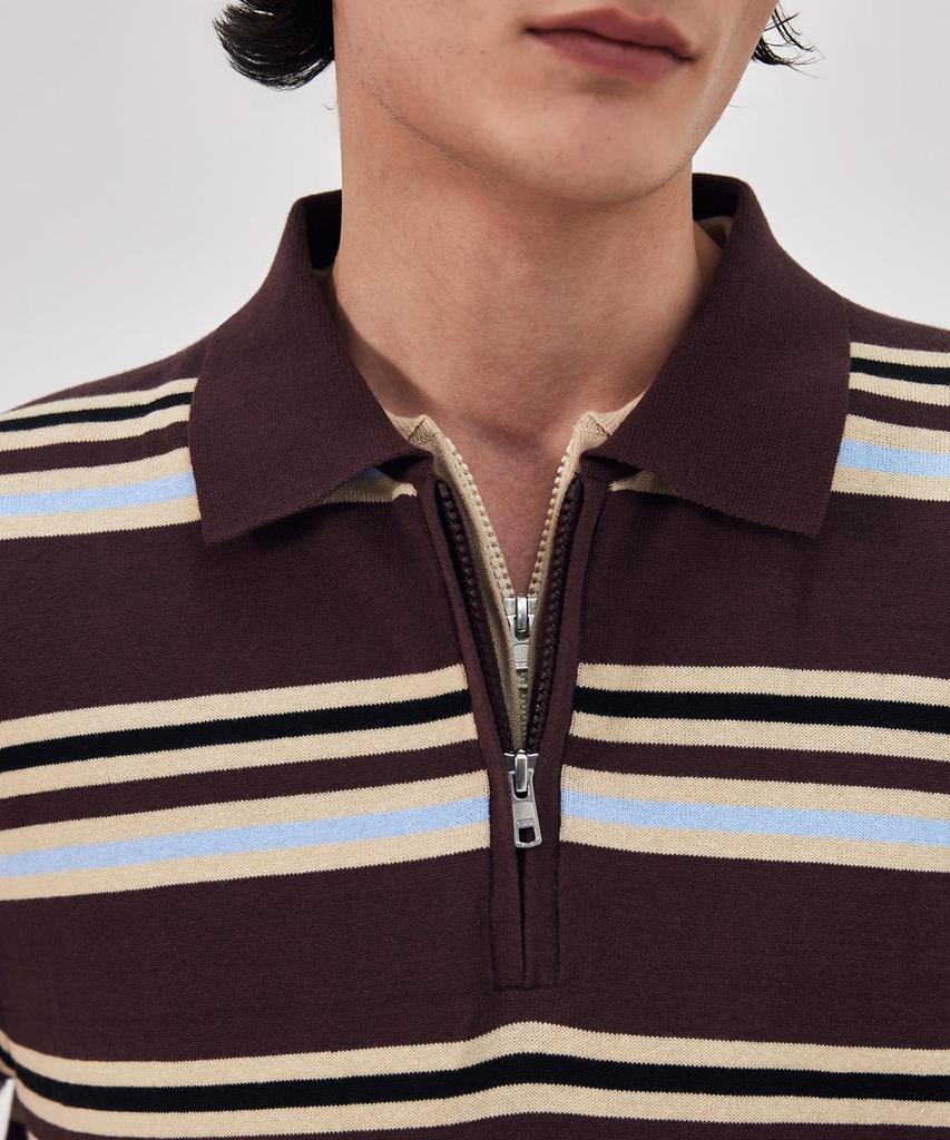THEKNITCOMPANY Orea Stripe Zipper Polo Shirt - Sil Brown