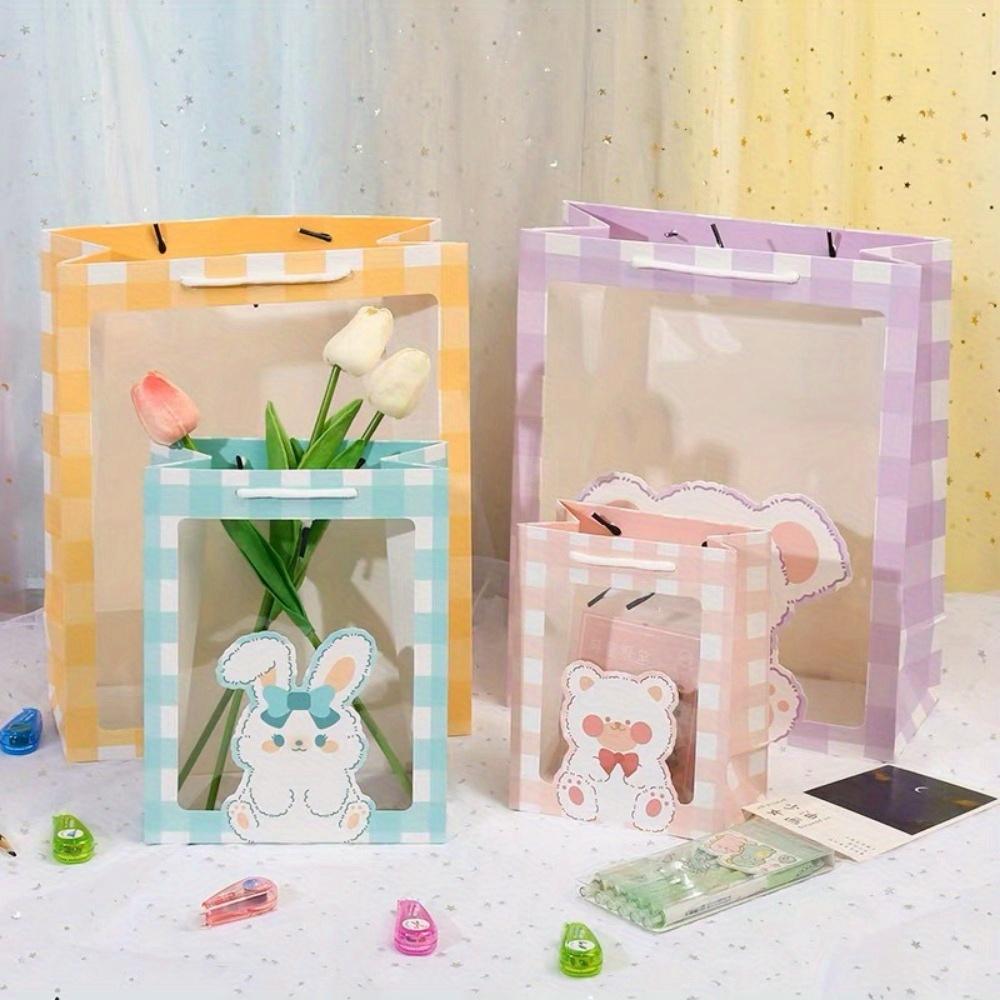 6pcs Kraft Paper Gift Bags with Clear Window Cartoon Treat Bags Handbags Souvenir Packaging Bags Flowers Gift Bag Gift Wrap Bag for Wedding Party