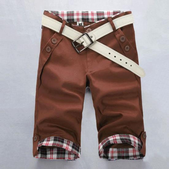 Summer Beach Casual Men Plaid Patchwork Podkręcane spodenki z mankietami Piąte spodnie