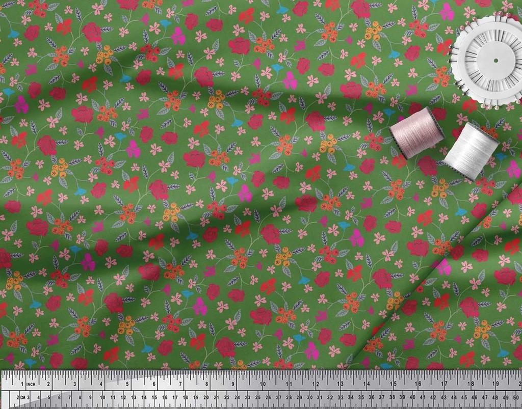 Soimoi Japan Crepe Satin Fabric Berries,Leaves & Floral Artistic Print Fabric by the Metre 42 Inch