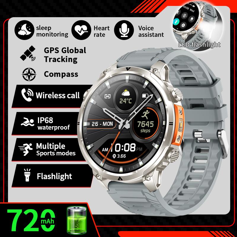 

Новые умные часы с GPS для мужчин, батарея 720 мАч, водонепроницаемость IP68, Bluetooth-звонки, 1,7-дюймовый HD-экран, спортивные, фонарик, компас, умные часы для мужчин Built-in GPS серый