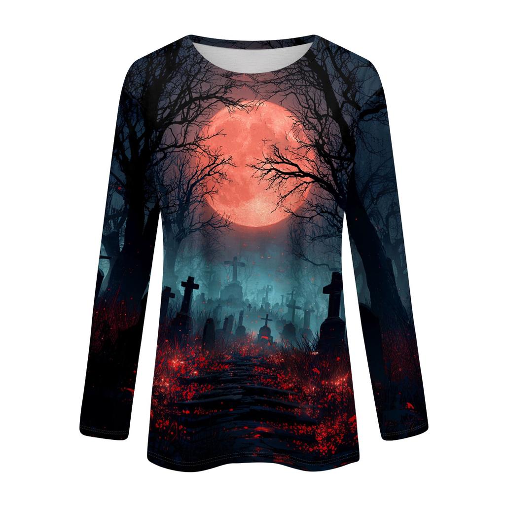 Women's Halloween Pullover Sweatshirt Long Sleeve Crewneck Top Casual Printed Lightweight Pullover Sweatshirt for Fall Seasonal Wear