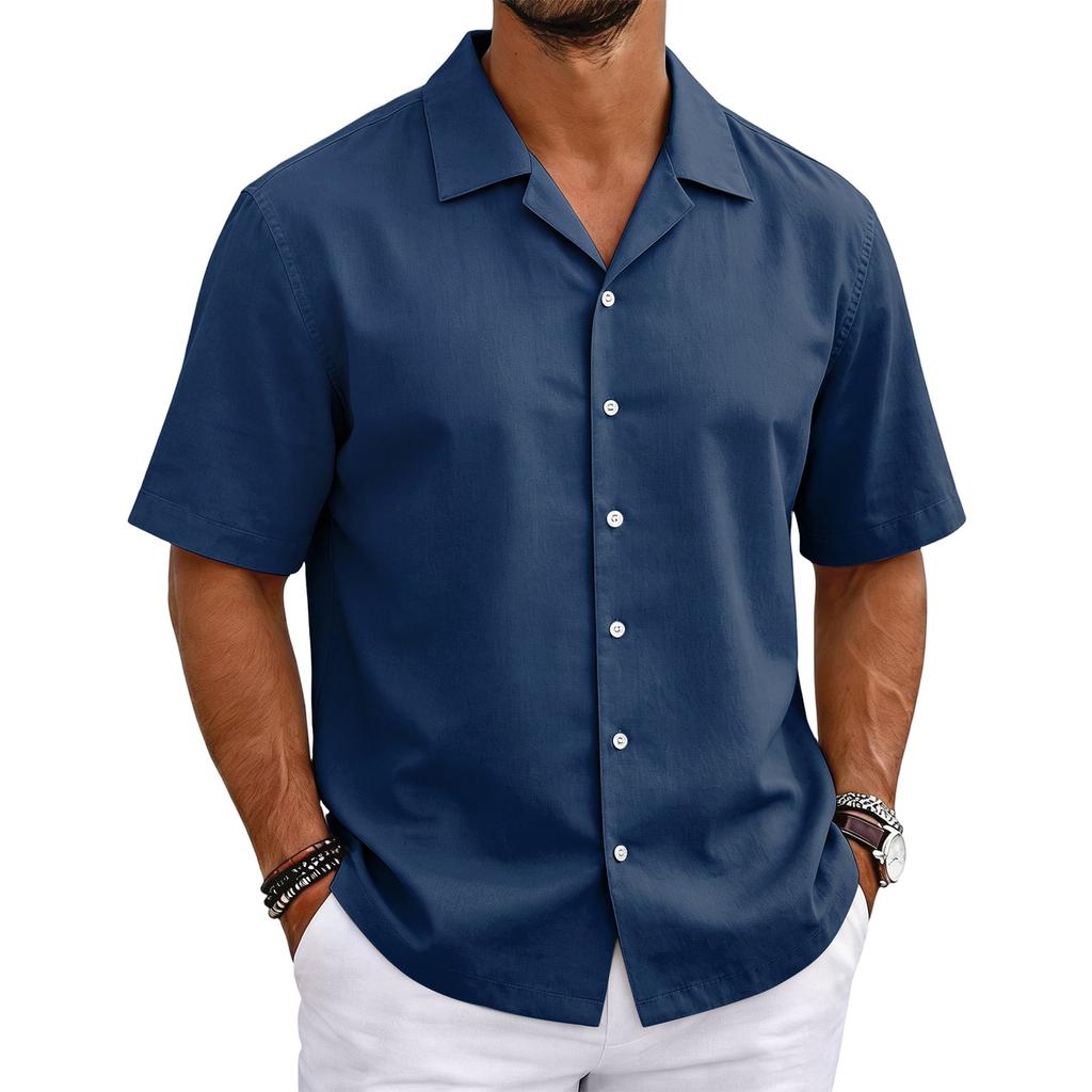 Men's Short Sleeve Cuban Collar Shirt Button Down Casual Lightweight Summer Shirt with Relaxed Fit Breathable Fabric