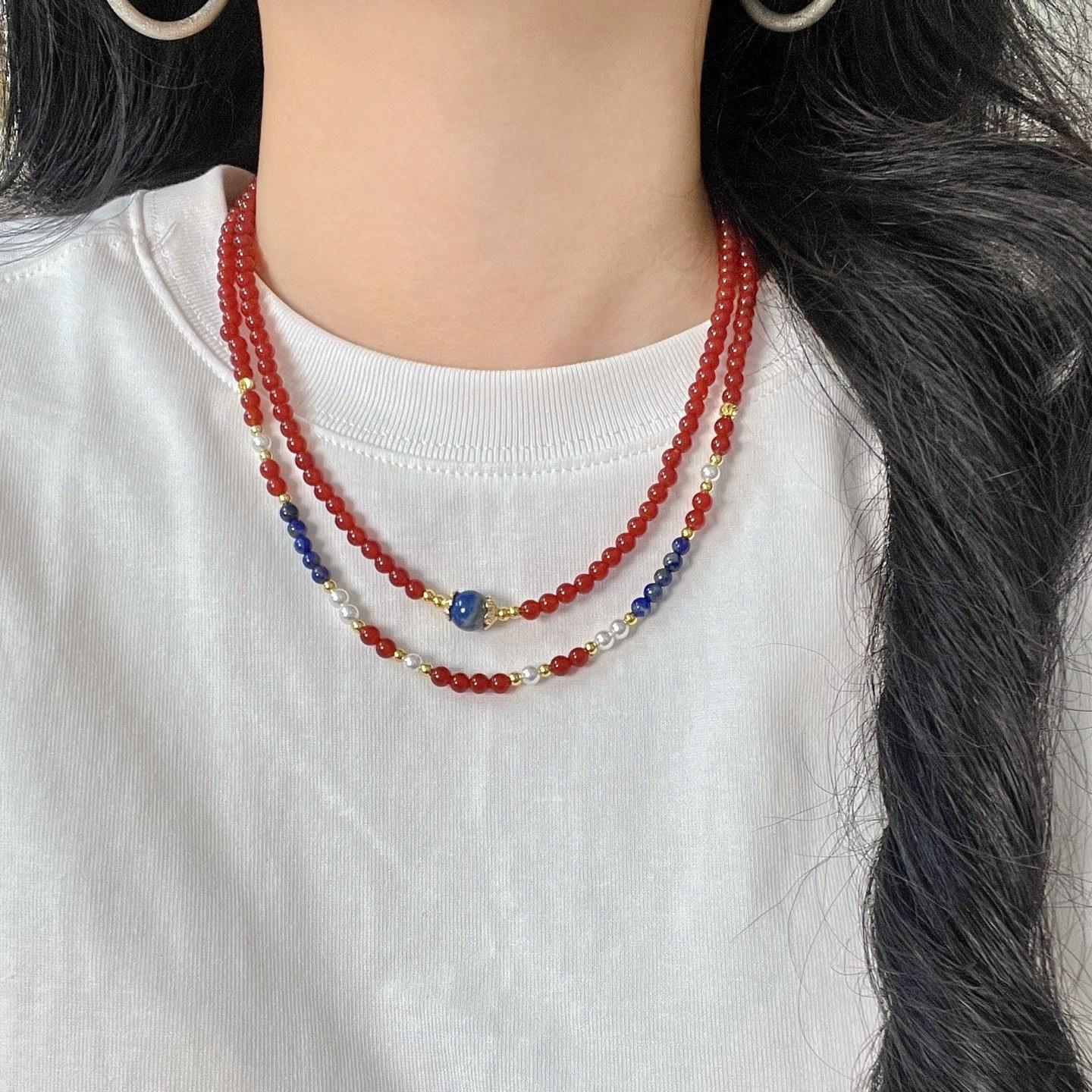 

Vintage High Quality Natural Chalcedony Agate Lapis Lazuli Artificial Crystal Pearl Double Necklace Collarbone