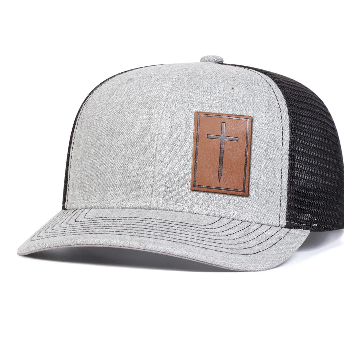 

Унисекс Бейсболки-сетки с коричневой кожаной этикеткой-крестом, для улицы, регулируемые, для весны и лета, повседневная солнцезащитная шляпа серый