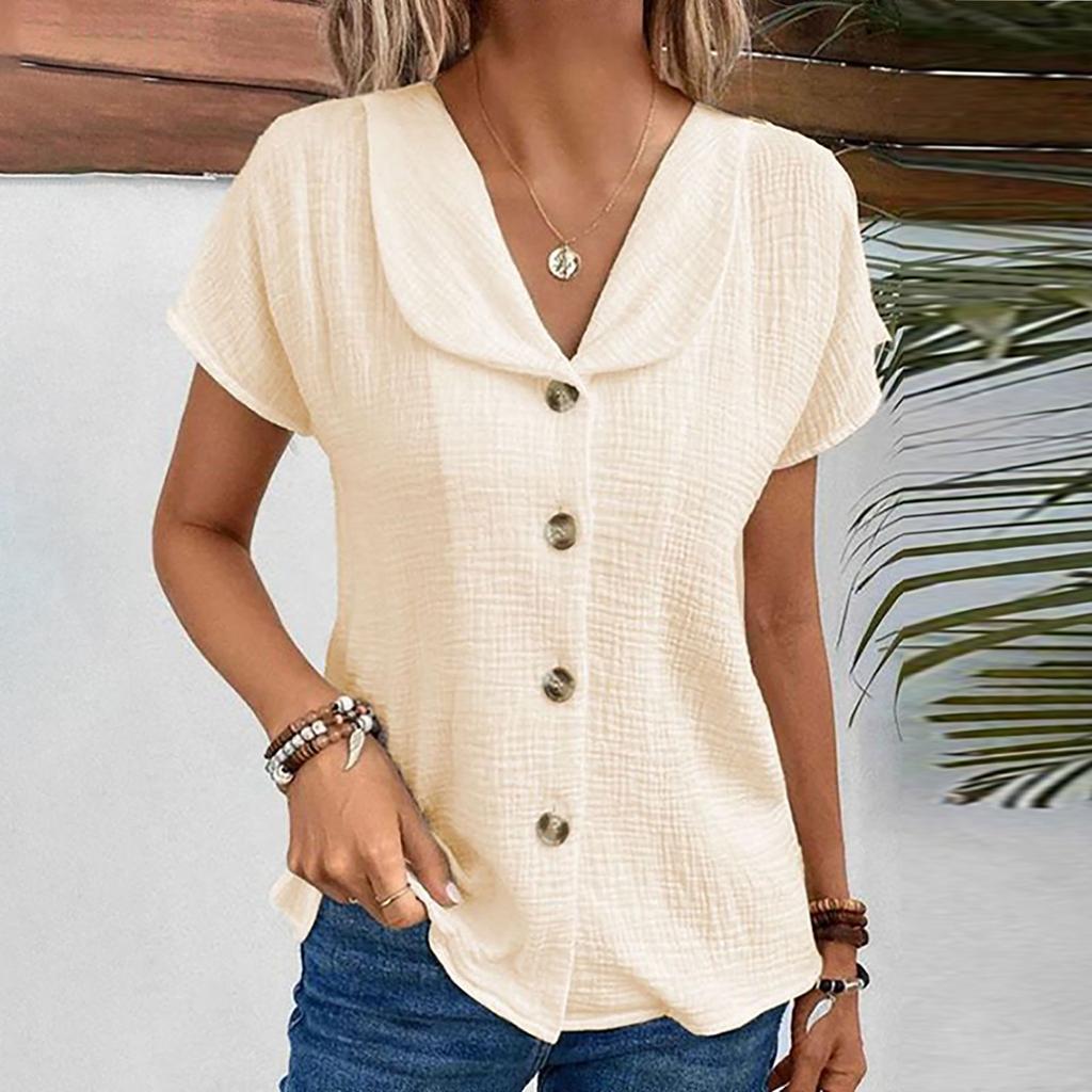 Women's Shirt Solid Color Slim  Fitting V-neck Button Cardigan Short-sleeved Top