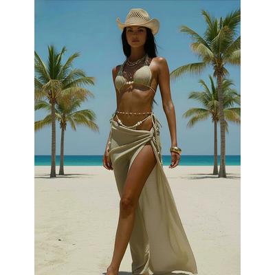 Zomerse 3-delige bikiniset: elegante badkleding met parelceintuur en maxi strandrok, lange sarong.