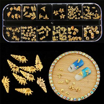 3D Nail Art Dekoration Ozean Legierung Schmuck Glitzer Strass Gold Silber Box