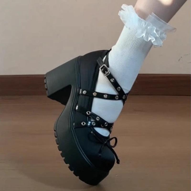 Fashion Spring New Single Shoes Women Round Head Shallow Mouth Butterfly Knot Rivet A Line Buckle Thick Sole Non-slip High Heels