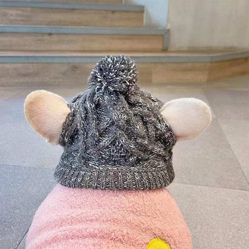 Haustier-Kopfschmuck: Warme Strickwoll-Bommelmütze für Herbst/Winter - Winddicht & Kältefest für Kleine/Mittelgroße Französische Bulldoggen