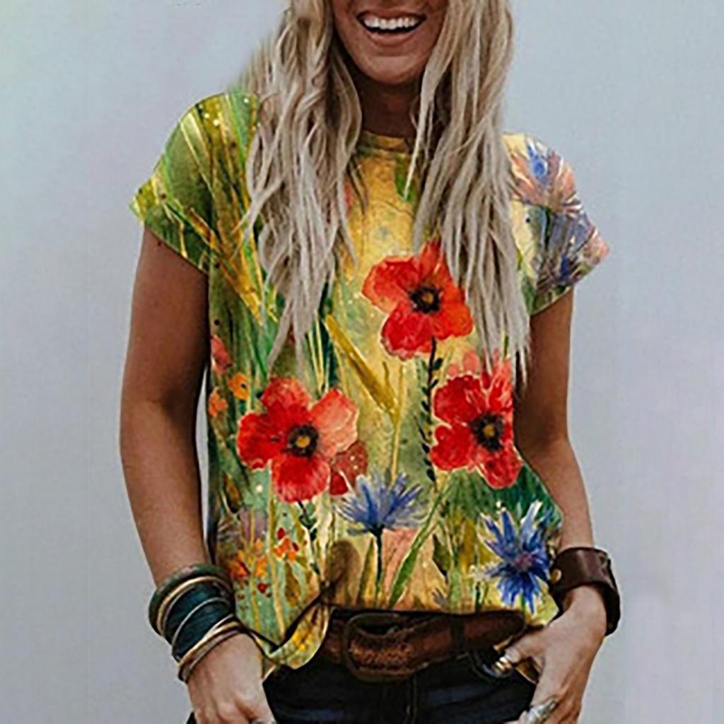 Women's Casual T-shirt Graphic Vintage Print Round Neck Tops Basic Loose Tops