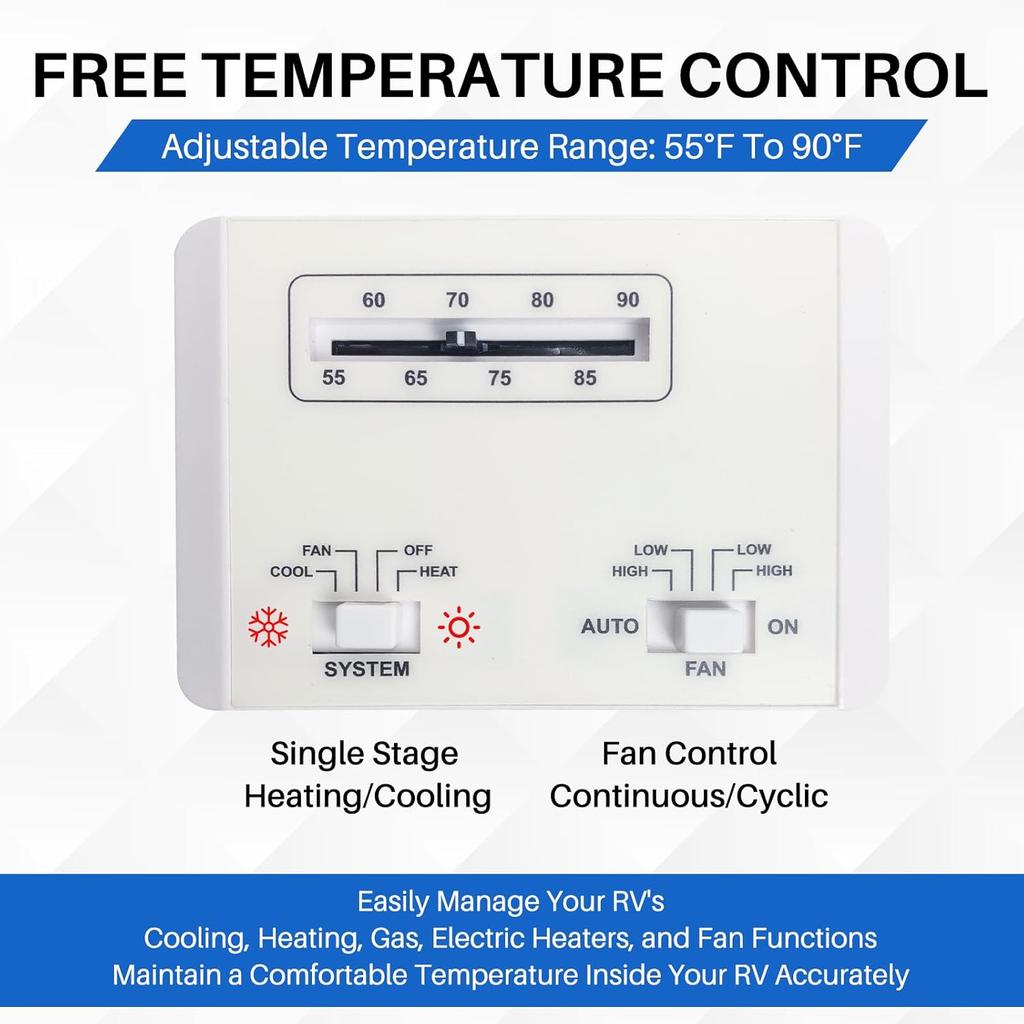 OEM 7330G3351 RV Thermostat Compatible With Coleman Mach Series, 6-Wire Single Stage Heating/Cooling Control Unit For RV AC Systems,12V DC, Bar
