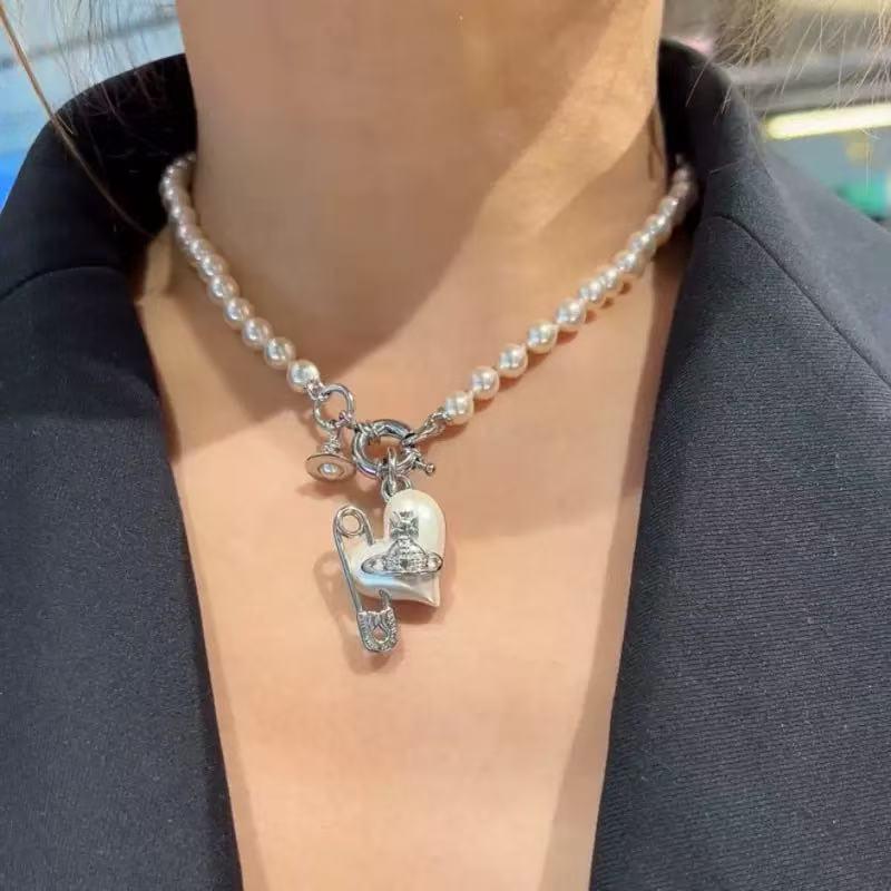 Westwood Saturn Choker Necklace: High Version, Medium Size, Women's 10MM Beads, Logo Clasp.