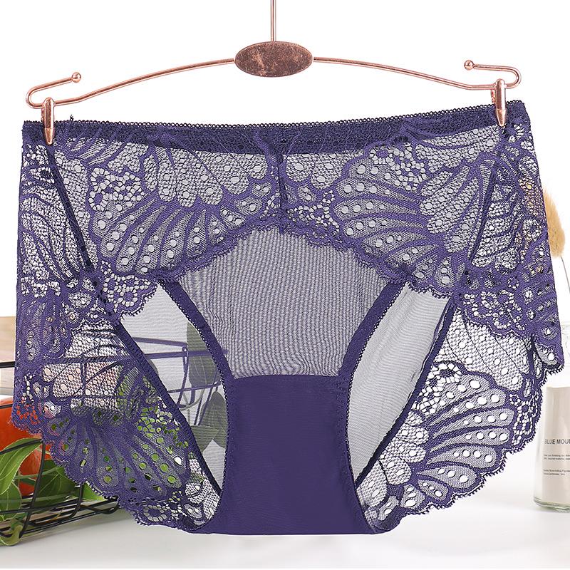 Damen Sexy Spitze Mid-Waist Transparent Panties, Nahtlos Übergröße, Reiner Baumwollzwickel, Dünner Stil Dreieck