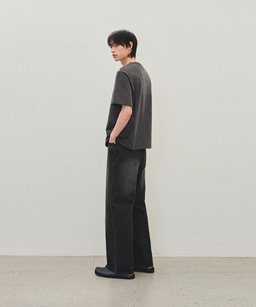 ROTEMBER Pigment Ring Snap Henley Neck Half T-Shirt [Charcoal]