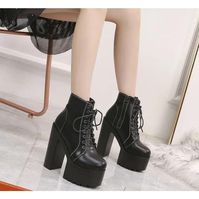 Fashion 15CM Russian Hot Sales Women Shoes Thick Platform High Heel Female Ankle Boots Round Toe Lace up Zipper Motorcycle Boots
