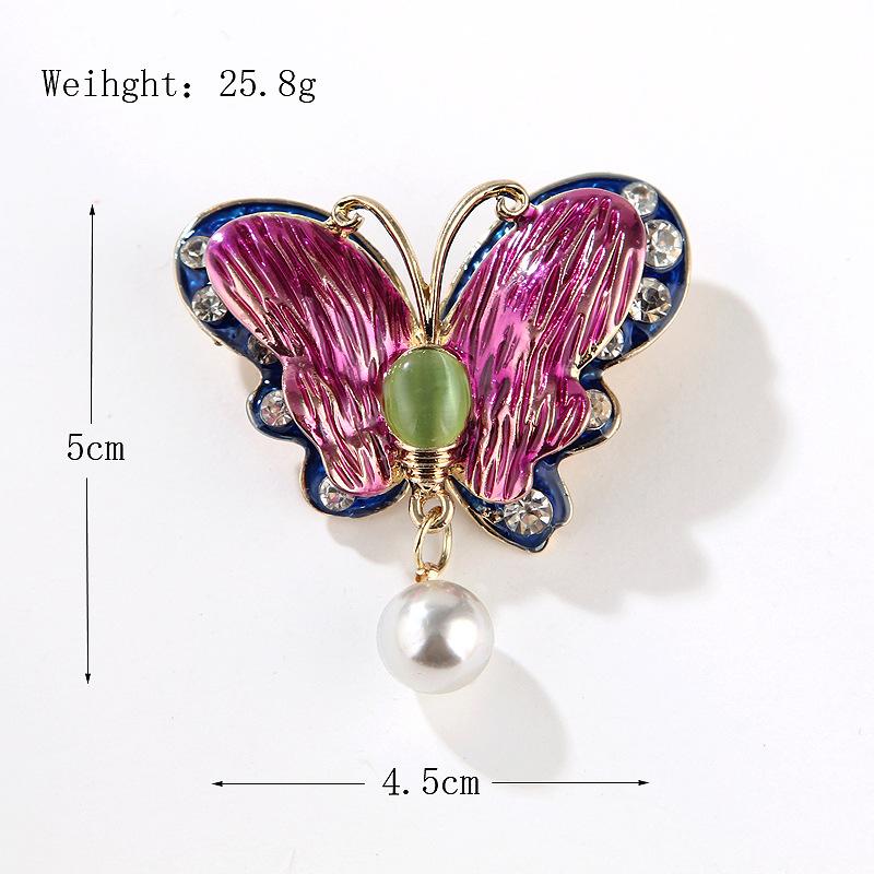 Kleiner frischer emaillierter Schmetterlingsanhänger mit Öltropfen, zweilagig, Brosche mit Katzenaugenstein, Legierung, Strass, Damenbrosche, Schmuck