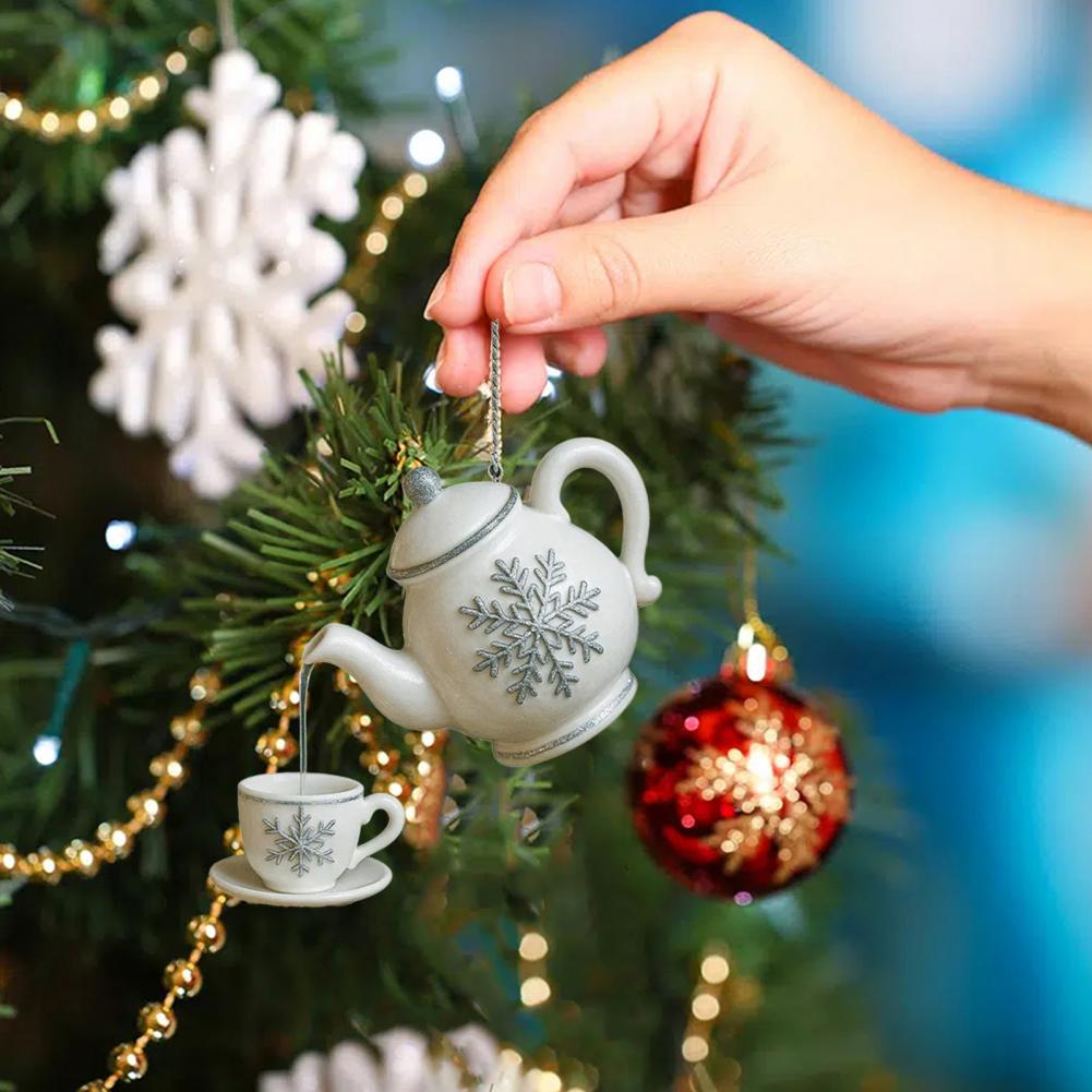 Christmas Teapot Ornament Vintage Christmas Tea Cup And Pot Hanging Decor with Pouring Tea Effect Gift for Tea Lovers