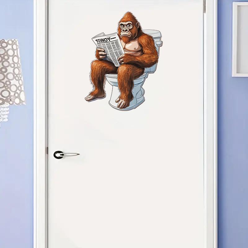 3D Funny Cartoon Gorilla Reading Newspaper Toilet Wall Sticker Self-Adhesive Waterproof Removable Bathroom Home Decor Art