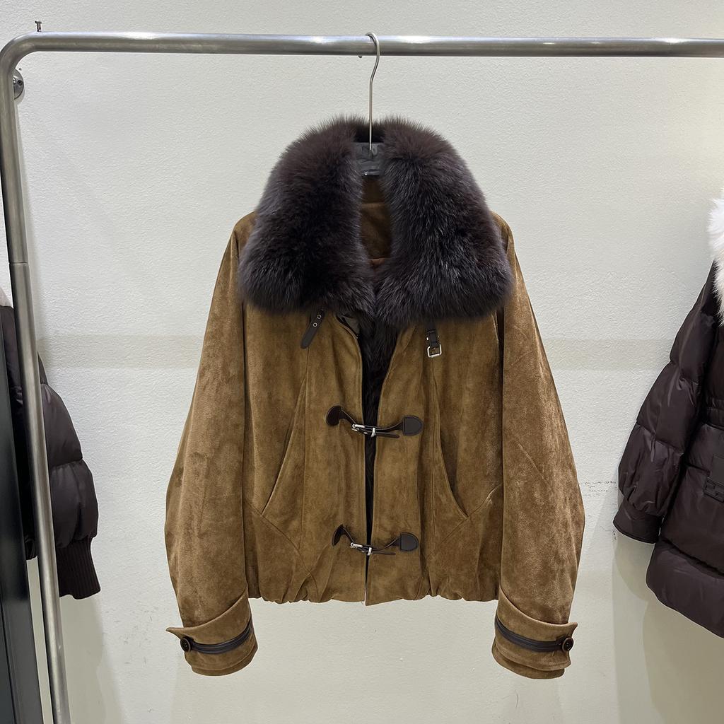 Winter new natural big fox fur collar suede down jacket women's short thickened warm pie overcome coat