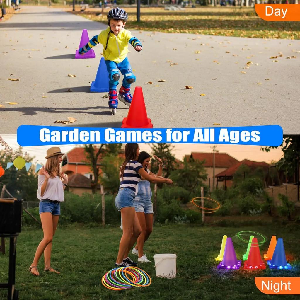 3 In 1 Ball & Ring & Bean Bag Cones Toss Game Play Set with Light Multiple Throwing Target Models Outdoor Family Yard Party Game