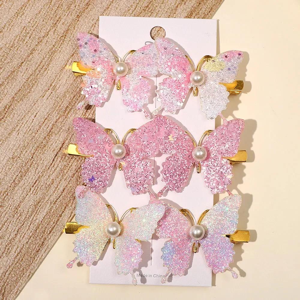 6 Stück/Set Bunte Glitzer Schmetterling Perlen Haarspangen für Frauen Mädchen Süße Haarspangen Haarnadeln Regenbogen Kopfschmuck Haarschmuck