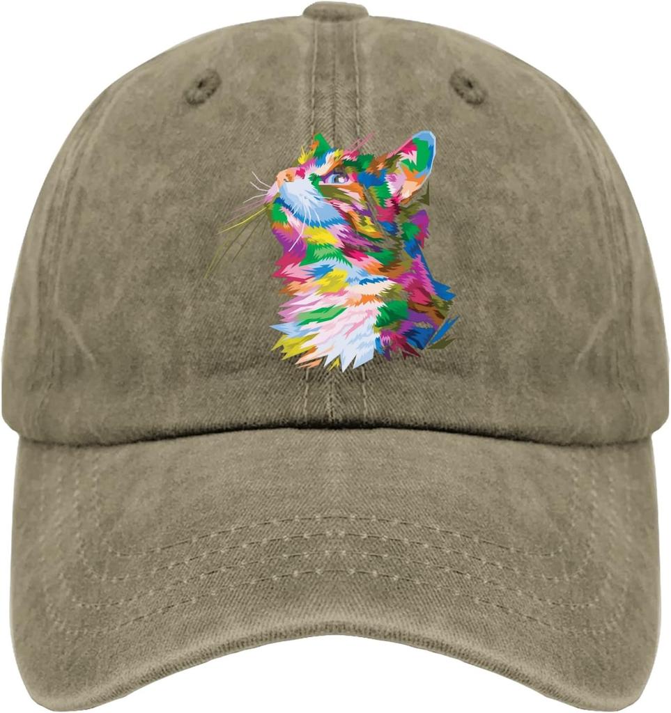 Colorful Pop Art Cat Head Baseball Cap Distressed Denim Adjustable Vintage Dad Hat Casual