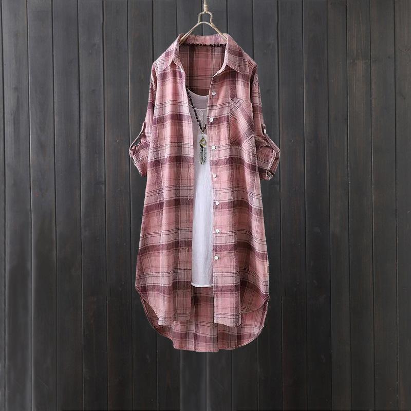 Plaid Shirt Women's Long Spring and Autumn Thin Coat Western Style Long-sleeved Shirt Loose Butt-covering and Linen Top