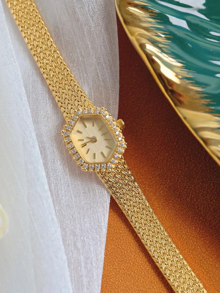 Vintage Small Dial Women's Watch Antique Diamond Retro Luxury Elegant Gifts Brass Band 18K Gold Plated High Quality