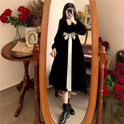 Autumn Large Size Strap Bow French Dress Fat Mm Women's High-end Velvet Thin Dress Long Skirt