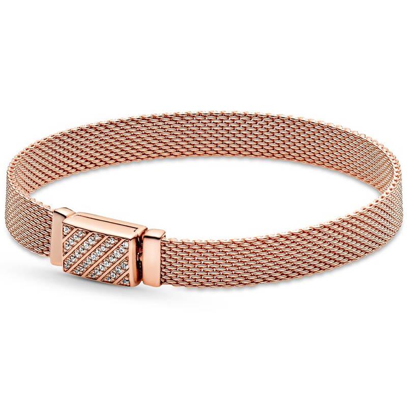 Rose Gold Woven Mesh Reflexions Long Clasp Bracelet 925 Sterling Silver Bangle Fit Original Popular Bead Charm Diy Jewelry