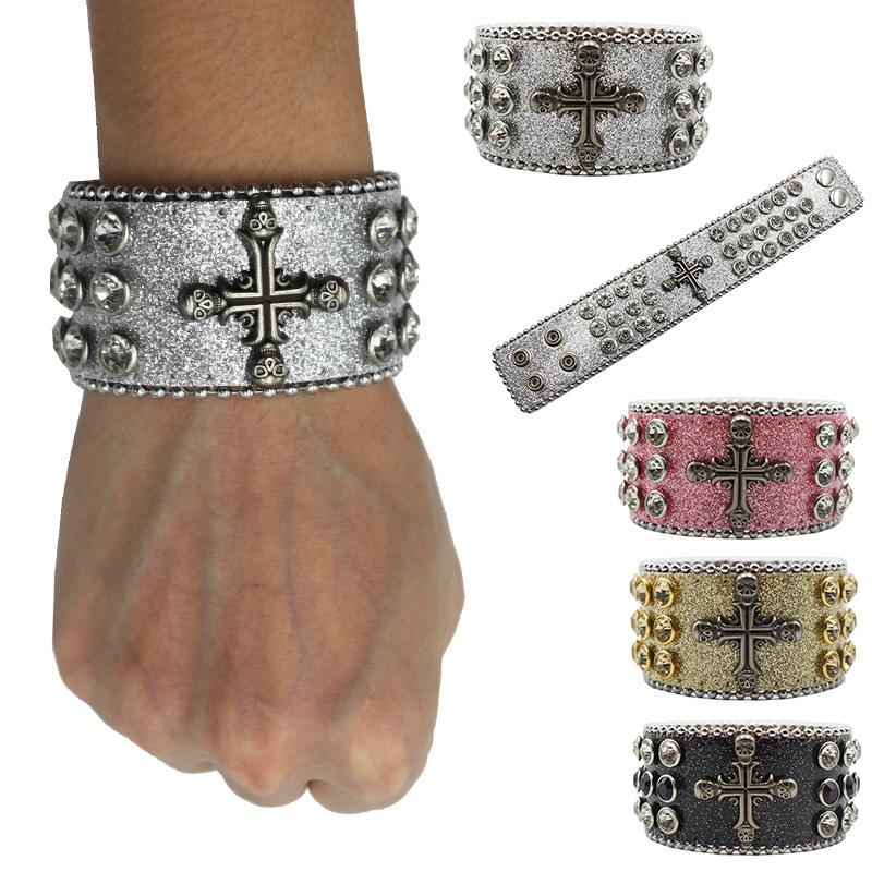 Gothic Stil Strass Armband Schmuck, Modisches Design Diamant PU Leder Handschmuck