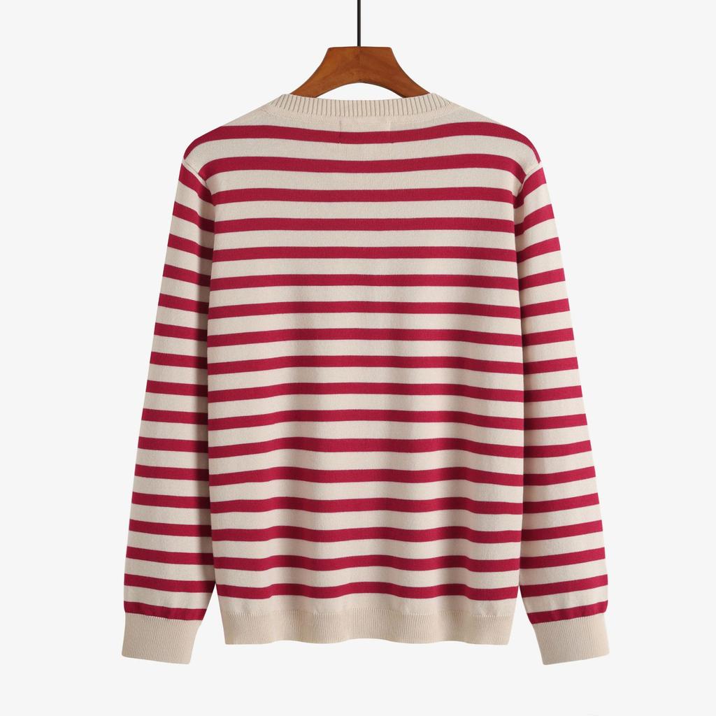 Early Spring Large Size Women's Striped Knitted Cardigan Simple Round Neck Korean Version Thin Age-reducing Sweater 110kg