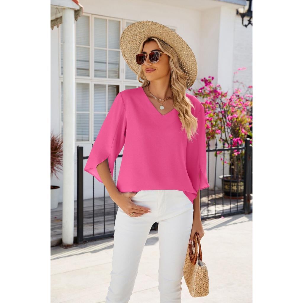 Spring Summer New Women's Solid Color V-Neck Mid Sleeve Loose Chiffon Blouse Top