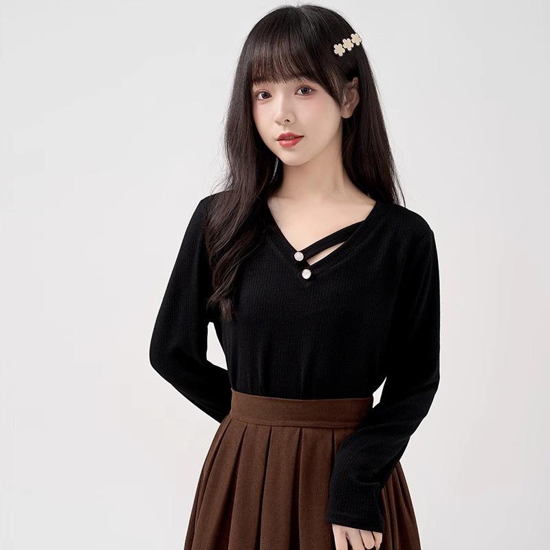 

New Threaded Bottoming Shirt Women s Long-sleeved T-shirt Autumn and Winter Sweet Slim-fitting Top 3XL чёрный