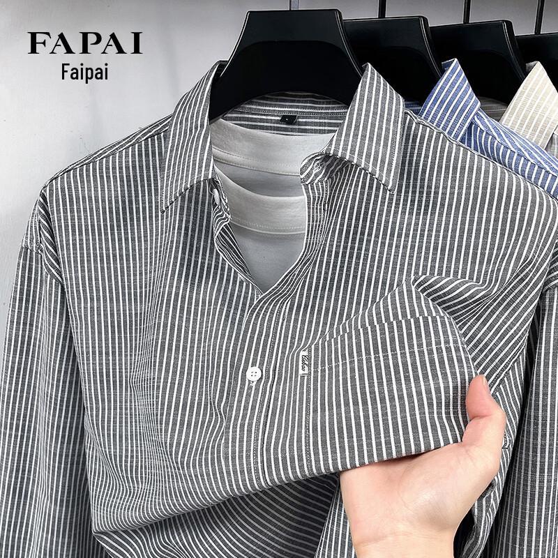 FAPAI Men's Striped Cotton Linen Blend Long Sleeve Shirt
