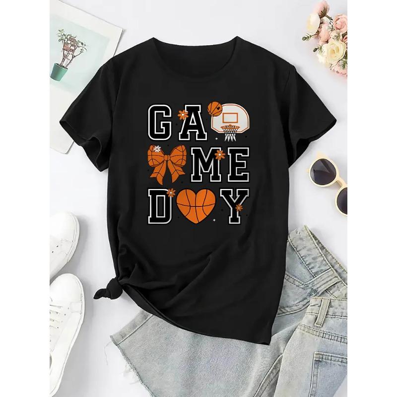 Women's Heart Basketball Hoop Print T-Shirt Casual Sports Short Sleeve Summer Holiday Top