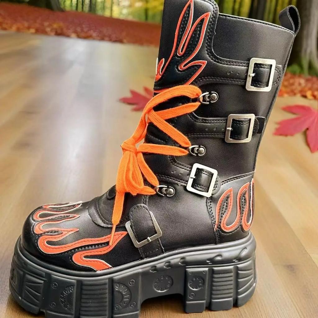 Punk Rock Boots Women Gothic Platform Motorcycle Ankle Boots with Metal Buckles and Flame Design Mid Calf Streetwear Footwear