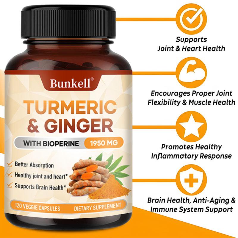 Turmeric Ginger Capsules 1950mg Contains Curcumin+Ginger+Black Pepper Extract to Protect Joint Heart and Brain Health 120 Capsules