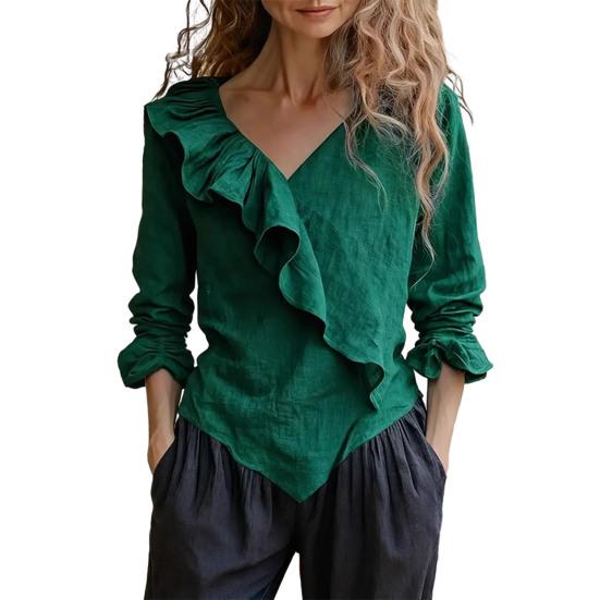Women Tops V Neck Long Sleeve Ruffle Design Solid Color Commuter Blouse Loose Fit Work Party Casual Tops Daily Wear