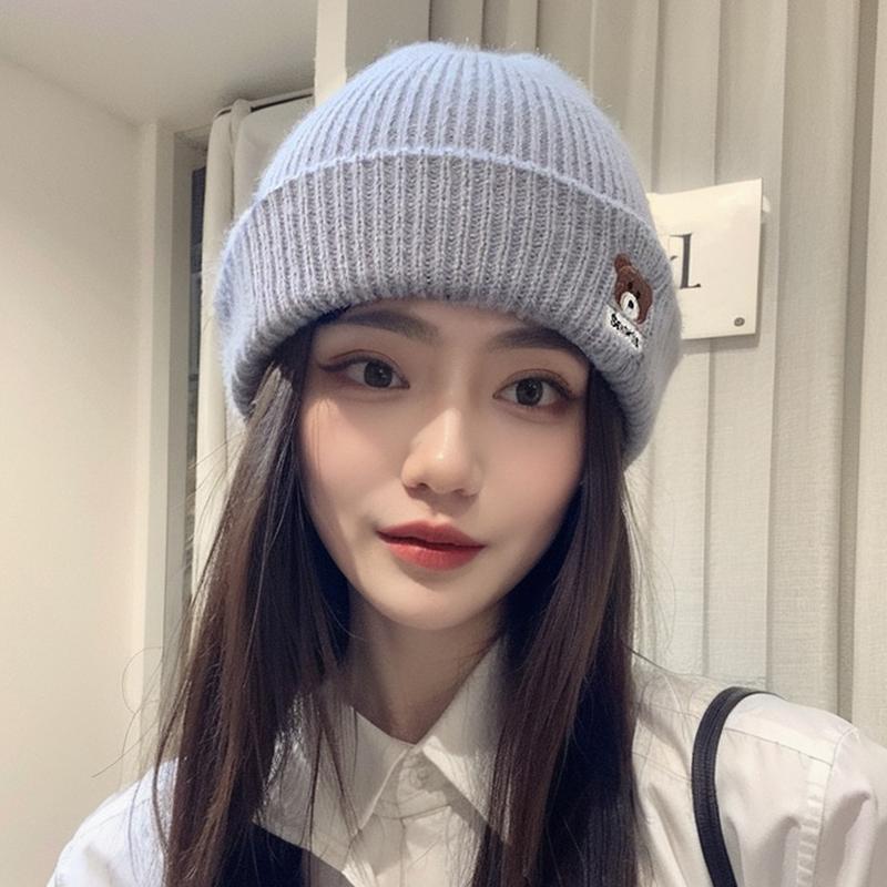 Elegant Little Bear Hat For Women Girls Thickening Casual Pullover Hat Embroidered Bear Coldproof Ear Protection Hat Gifts