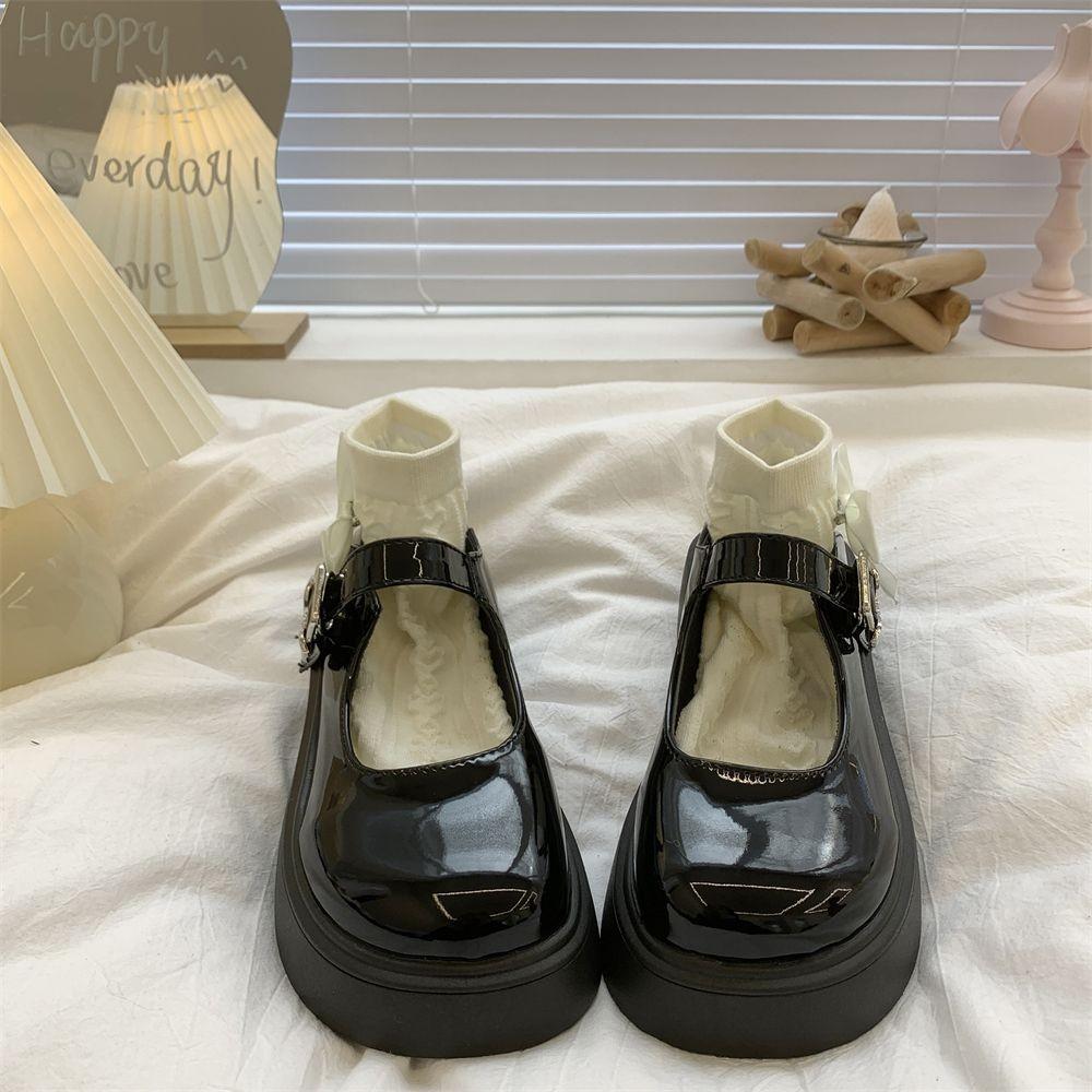 Simple Lolita Shoes Platform Heels Mary Jane Shoes Black Platform Shoes Student College Sweet Medium Heel Women's Single Shoes