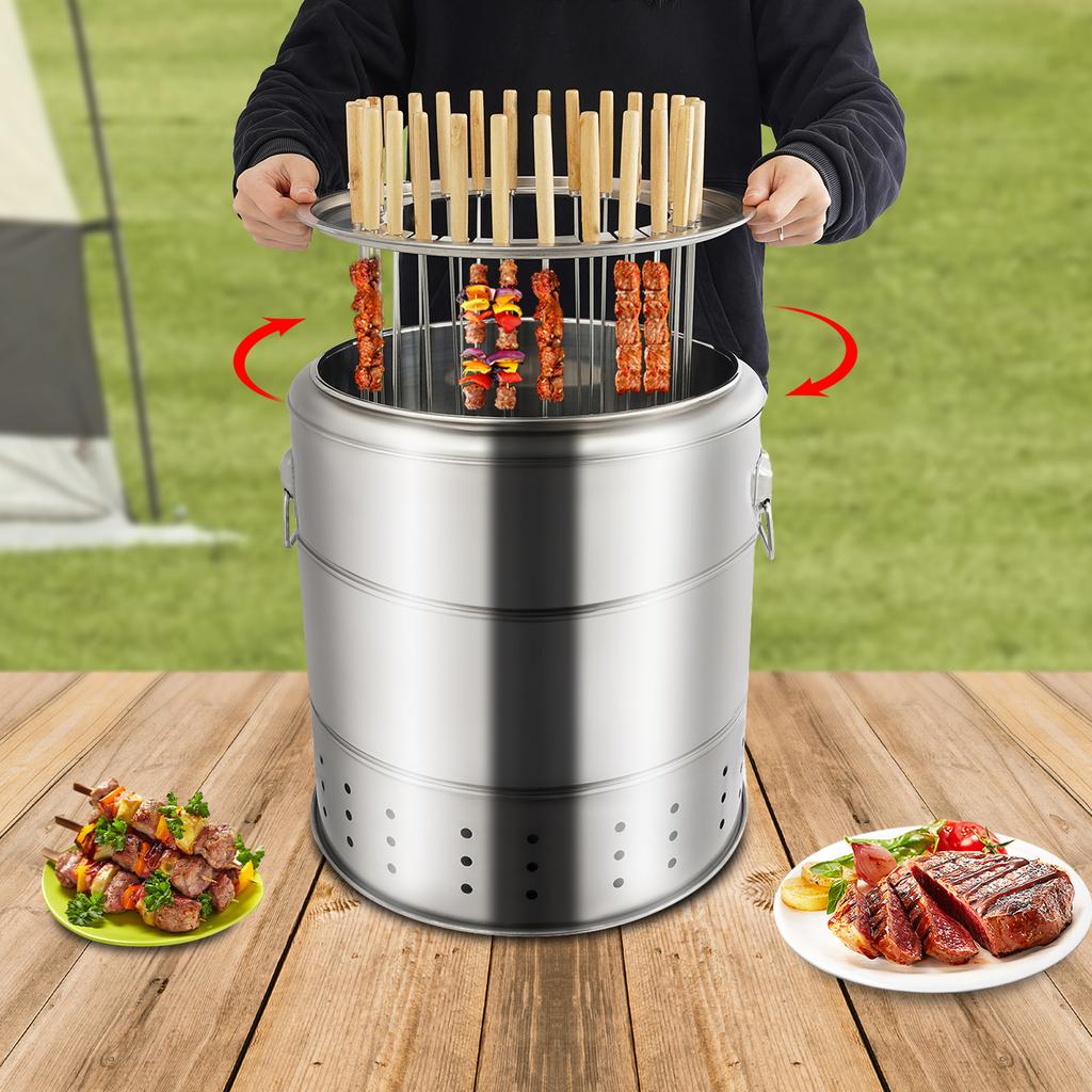 201 Edelstahl Holzkohle Grill, Silber 28 Spieße Zylinder Tragbarer Barbecue Holzkohle Fass Grill 39*43cm für Picknicks