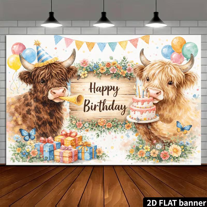 2D Pastel Highland Cow Birthday Backdrop, Floral Farm Animal Party Banner