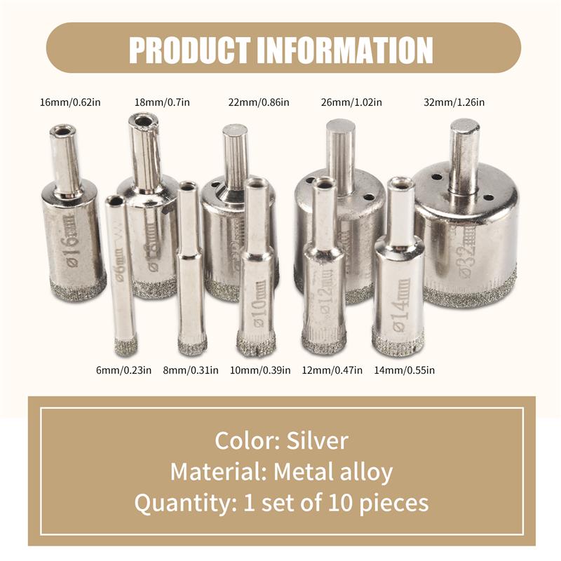 ABBY-Diamond Drill Bits,10Pcs 6-32Mm Hole Saw Diamond Drill Bit Hollow Core Drill Bit Set For Diamond Coating, Carbon Steel For