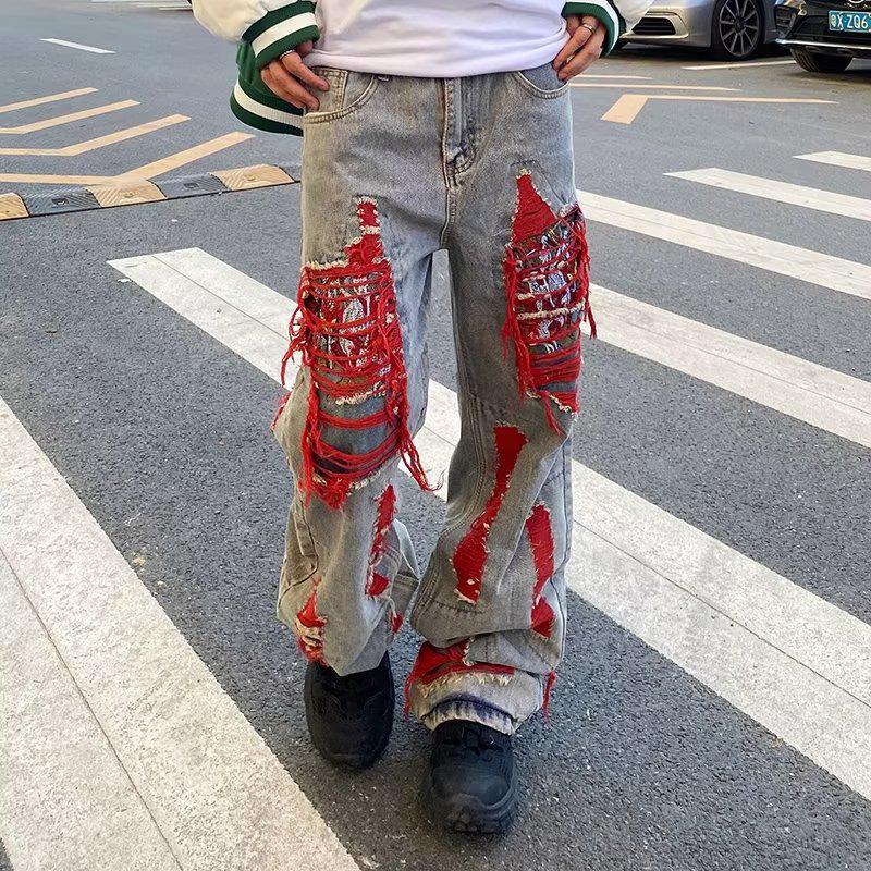 Hip-Hop Ripped Embroidered Jeans - Loose Fit, Trendy Niche Design