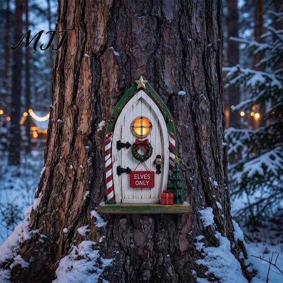 Christmas Tree Decorations Fairy Door Wall Decoration, Solid Wood with Adhesive Backing Design, Atmosphere Props Miniature Tiny for Trunks And Frames