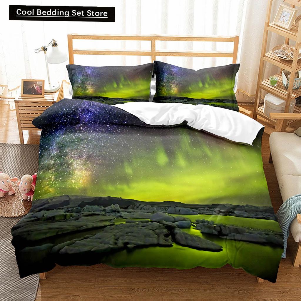 Nordlichter King Queen Bettbezug Naturlandschaft Bettwäscheset Bunter Himmelsausblick Steppdeckenbezug Polyester Bettdeckenbezug